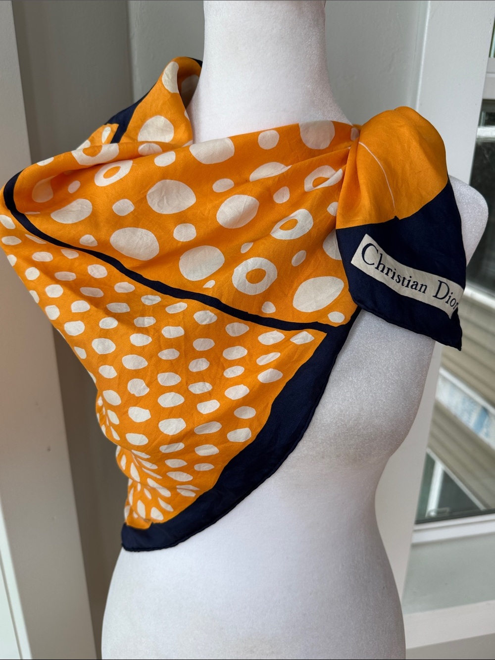 Christian Dior Orange White Navy Blue Polka Dot Silk Scarf 30” Sq